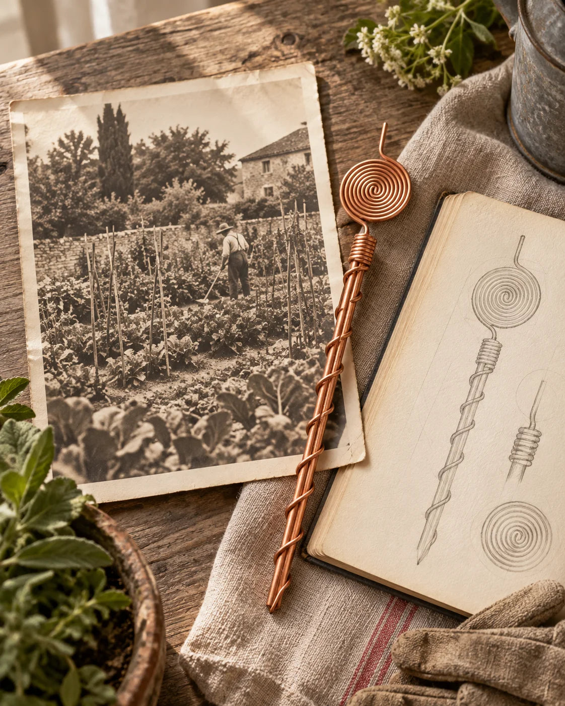 Spirale de cuivre, illustration d’archives et carnet de jardin