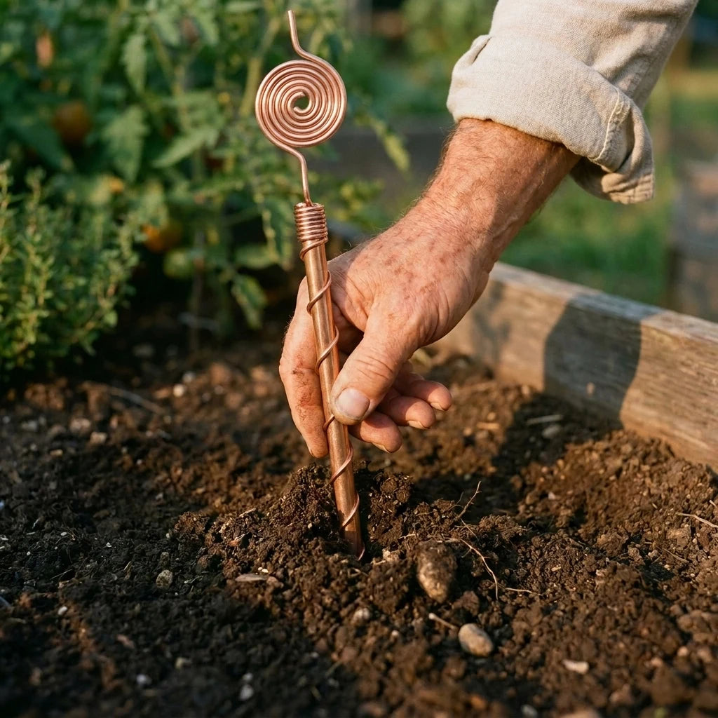Une main plante le tuteur KUPRA dans la terre